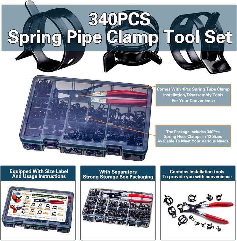 AskWay Spring Pipe Clamps340PCS, With Spring Pipe Clamp Tools, 12 Sizes 6-22mm Spring Hose Clamps, Used To Fix Hose Interfaces In Automotive, Marine, Gardening, Industrial Applications - Image 3